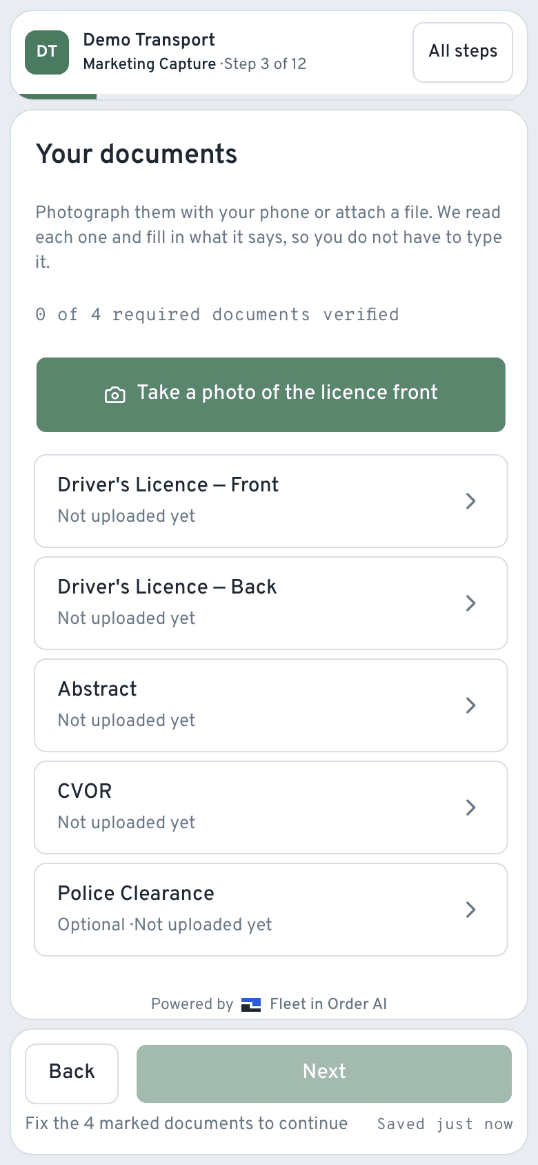 The driver application on a phone, at the document checklist